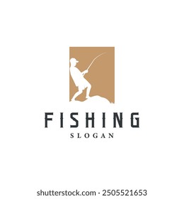 Fishing logo design silhouette of river angler with hook illustration template