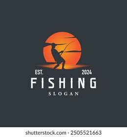 Fishing logo design silhouette of river angler with hook illustration template