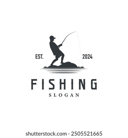 Fishing logo design silhouette of river angler with hook illustration template