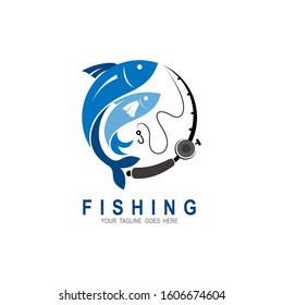 Fishing logo design template, Fish and hook logo template,