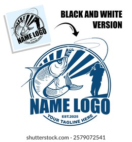 Fishing logo design template illustration. Sport fishing logo design. Silhouette of a fisherman with a fishing rod 