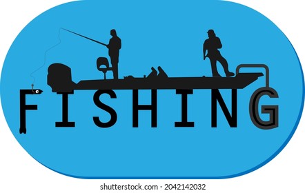 Fishing logo design and fishing is written and its background is blue in color. vector model illustration