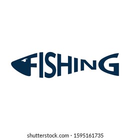 Fishing logo, emblem isolated on white background. Lettering fishing shaped like a fish. Design element. Vector illustration.