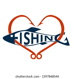 Fishing logo, emblem isolated on white background. Fish hooks in heart shape. Lettering fishing shaped like a fish. Design element. Vector illustration.