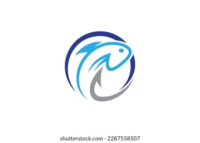 Fishing logo with fish and hook in circle shape