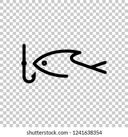 Fishing logo, fish and hook. One line icon, linear symbol. Black symbol on transparent background
