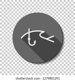 Fishing logo, fish and hook. One line icon, linear symbol. flat icon, long shadow, circle, transparent grid. Badge or sticker style