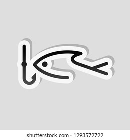 Fishing logo, fish and hook. One line icon, linear symbol. Sticker style with white border and simple shadow on gray background
