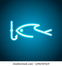 Fishing logo, fish and hook. One line icon, linear symbol. Neon style. Light decoration icon. Bright electric symbol