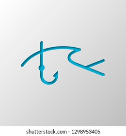 Fishing logo, fish and hook. One line icon, linear symbol. Paper design. Cutted symbol with shadow