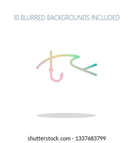 Fishing logo, fish and hook. One line icon, linear symbol. Colorful logo concept with simple shadow on white. 10 different blurred backgrounds included
