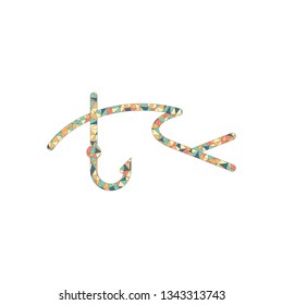 Fishing logo, fish and hook. One line icon, linear symbol. Colored mosaic with polygons