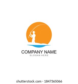 Fishing Logo, Fish And Hook Logo Template, Flat Logo Style
