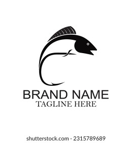 Fishing Logo, Fish And Hook Logo Template, Flat Logo Style.