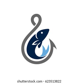 Fishing Logo, Fish And Hook Logo Template, Flat Logo Style