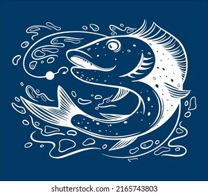 Fishing logo. fish hunting for bait. Predatory fish on the hook. Fishing on the rod
