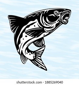 Fishing Logo, Fish jumping mid air isolated on white background, fishing theme illustration - Vector Illustration