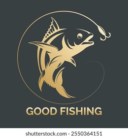 Fishing logo. Fish and fishing line with hook isolated background vector illustration