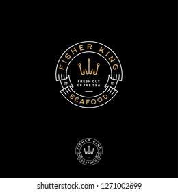  
Fishing logo. Fisher Club emblem. Fishing sport club. Hooks like a crown and letters. Monochrome option.