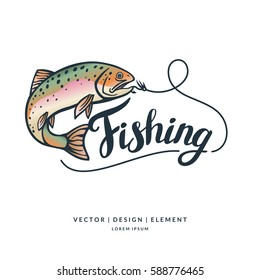 Fishing logo. Hand drawn lettering. Calligraphy brush and ink. Handwritten inscriptions and quotes for layout and template. Vector illustration of text.