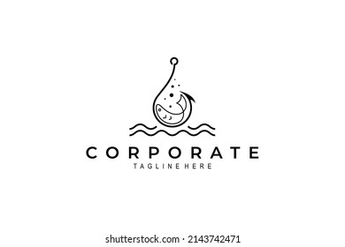 Fishing logo with hook, fish and wave water concept