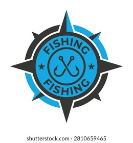 Fishing logo with hooks and compass on blue background for recreational sports and outdoor activities