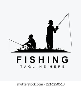 fishing logo icon vector, catch fish on the boat, outdoor sunset silhouette design