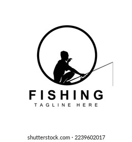 fishing logo icon vector, catch fish on the boat, outdoor sunset silhouette design