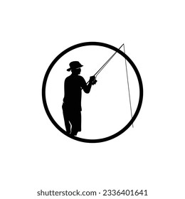 fishing logo icon vector, catch fish on the boat, outdoor sunset silhouette design