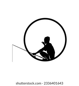 fishing logo icon vector, catch fish on the boat, outdoor sunset silhouette design