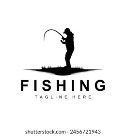 fishing logo icon vector, catch fish on the boat, outdoor sunset silhouette design