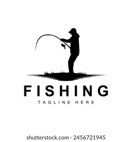 fishing logo icon vector, catch fish on the boat, outdoor sunset silhouette design