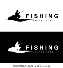 fishing logo icon vector, catch fish on the boat, outdoor sunset silhouette design