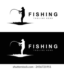 fishing logo icon vector, catch fish on the boat, outdoor sunset silhouette design