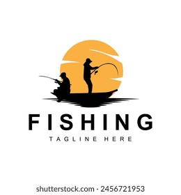 fishing logo icon vector, catch fish on the boat, outdoor sunset silhouette design