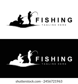 fishing logo icon vector, catch fish on the boat, outdoor sunset silhouette design