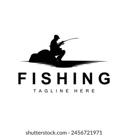 fishing logo icon vector, catch fish on the boat, outdoor sunset silhouette design