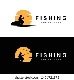 fishing logo icon vector, catch fish on the boat, outdoor sunset silhouette design