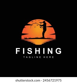 fishing logo icon vector, catch fish on the boat, outdoor sunset silhouette design