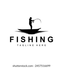 fishing logo icon vector, catch fish on the boat, outdoor sunset silhouette design