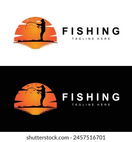 Vector del icono del logotipo de la pesca, pesca en el bote, diseño al aire libre de la silueta del atardecer