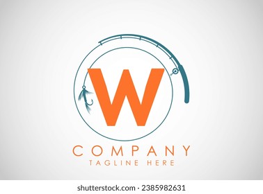 Ursprüngliches Alphabet W mit Angelstange und Haken. Logo-Konzept der Fischerei, Vektorgrafik. 