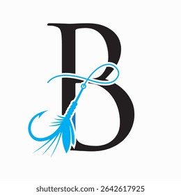 Fishing Logo On Letter B Concept With Fishing Hook And Fishing Lure Symbol