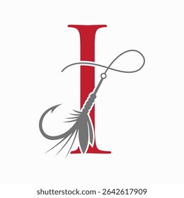 Fishing Logo On Letter I Concept With Fishing Hook And Fishing Lure Symbol