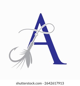 Fishing Logo On Letter A Concept With Fishing Hook And Fishing Lure Symbol