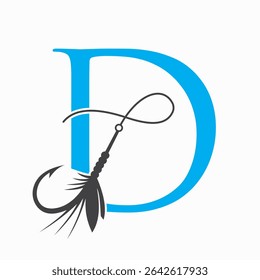 Fishing Logo On Letter D Concept With Fishing Hook And Fishing Lure Symbol
