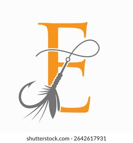 Fishing Logo On Letter E Concept With Fishing Hook And Fishing Lure Symbol