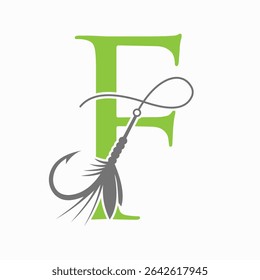 Fishing Logo On Letter F Concept With Fishing Hook And Fishing Lure Symbol