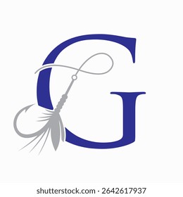 Fishing Logo On Letter G Concept With Fishing Hook And Fishing Lure Symbol