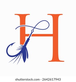 Fishing Logo On Letter H Concept With Fishing Hook And Fishing Lure Symbol